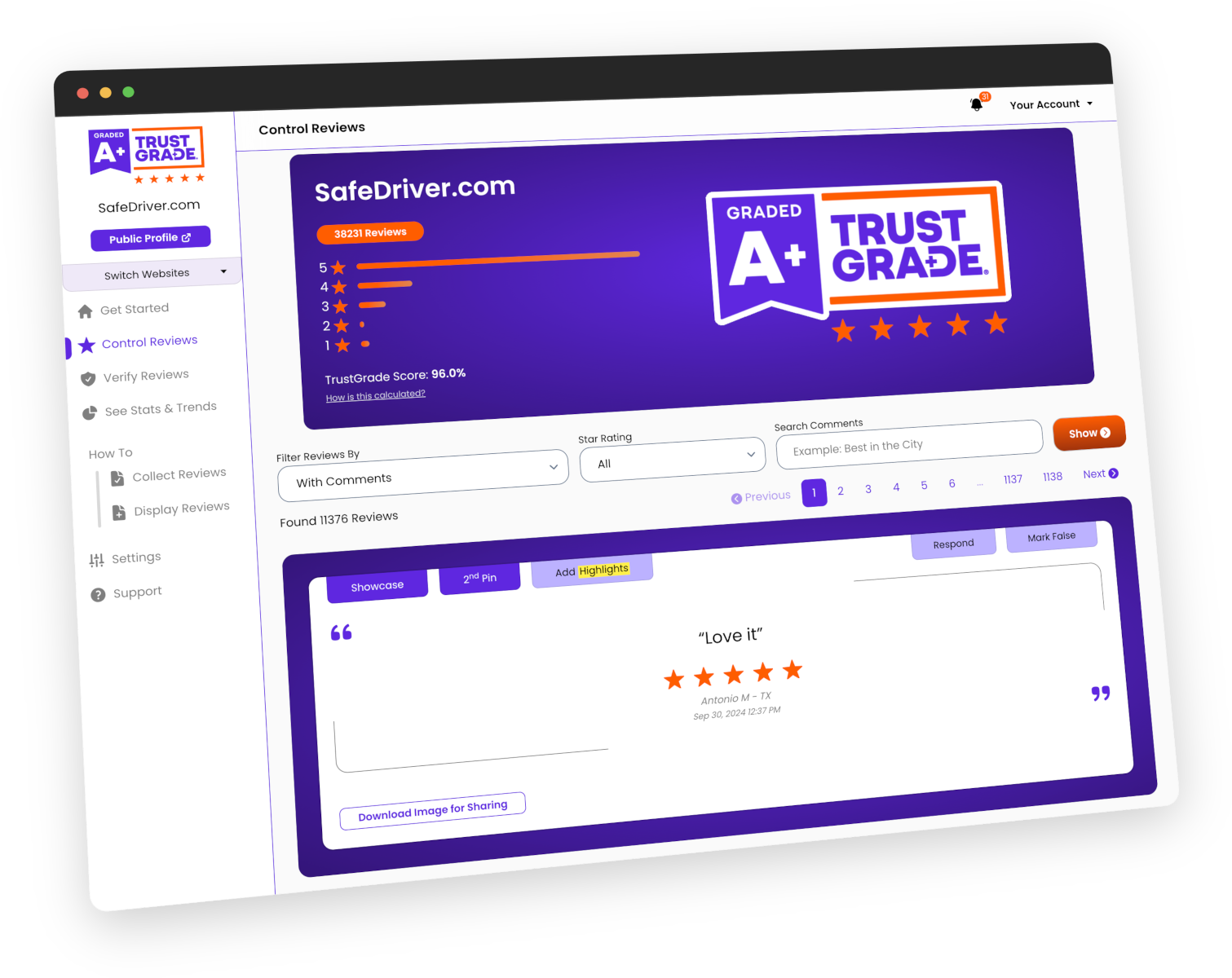 Dashboard to control reviews